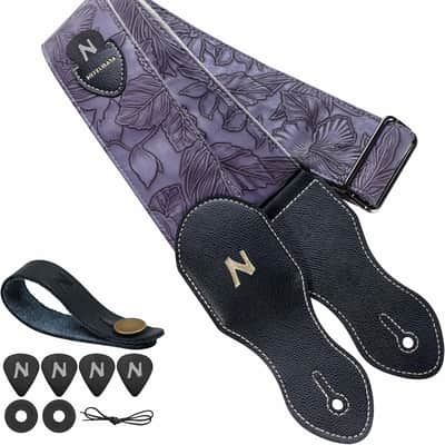 Guitar Strap with Pick Pocket,2.3 inch Porter Style Leather Carving Guitar Straps with Leather Ends,60s Vintage Style (Purple) image 1