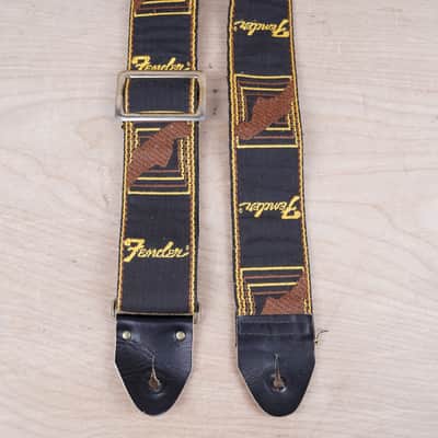 Fender Guitar Strap 1970s Black / Yellow with Brown Leather Back Vintage image 2