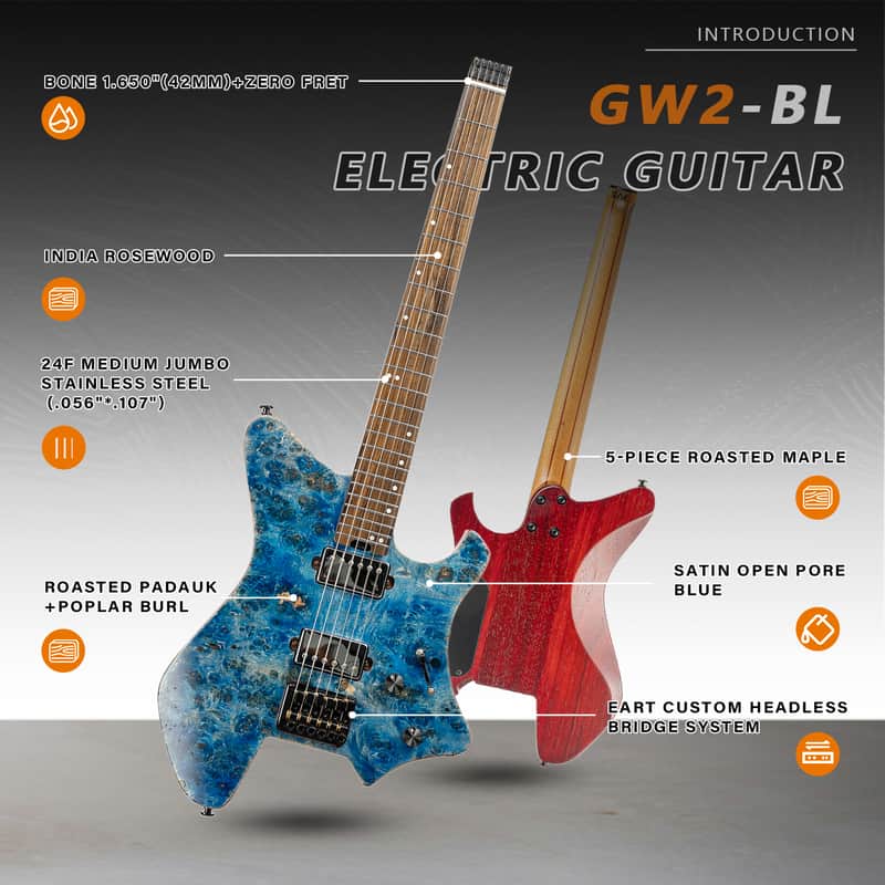 Eart GW2 Headless Electric Guitar, Right Handed, Roasted Padauk+Poplar Burl Body, 24 Stainless Steel Frets image 1