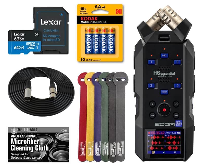 Zoom H6essential (2024 Model, Essential Series) with 32-Bit Float, 6-Track Recorder, Stereo Microphones, 4 XLR/TRS Inputs, for Musicians, Podcasters, & Filmmakers with 64GB Card, Batteries + Bundle image 1
