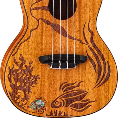 Luna Coral Uke Solid Mahogany Concert Ukulele w/ Etched Fish, Gig Bag, and Tuner image 4