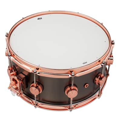 DW Collectors Satin Black Brass Snare Drum 14x6.5 w/Copper Hardware image 4