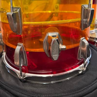 Vintage 1970s Ludwig Vistalite Tequila Sunrise 5-Piece Drum Kit w/ Matching Snare, Blue & Olive Badges, Cases, Tivoli Lighting System image 5