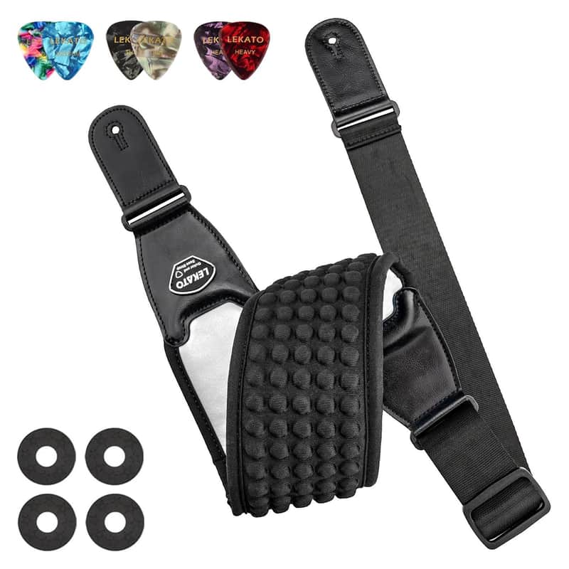 Guitar Straps For Electric Guitar & Bass, 3.5" Wide Padded Guitar Strap Neoprene Pad With 3D Sponge Filling Bass Guitar Straps Adjustable Length From 45" To 55" With Strap Locks, Picks, White image 1