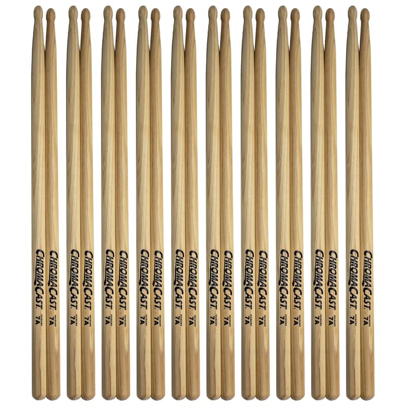 ChromaCast 7A USA Made Hickory Drumsticks 10 Pair - Wood Tipped - Perfect for Beginner, Intermediate and Professional Drummers - Real American Hickory Wood image 1