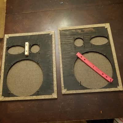Aeolian vintage pair (2) 16" x 20" woven speaker grille cloth and baffle plywood 1960s - black and tan image 9