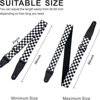 Guitar Strap-2" Wide Double Layer Cotton Original Design Adjustable Guitar Straps with Long Leather Ends for Bass, Electric & Acoustic, Best Gifts for Kids,Guitarists (White Grid) image 3