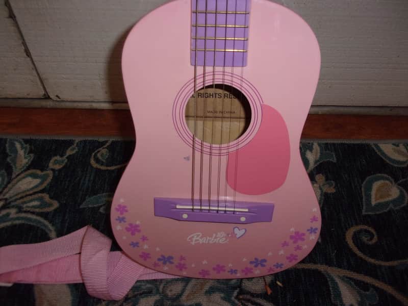 Barbie Mattel Kids Size Girls Acoustic Guitar and Pink Strap small body sounds like a Ukulele 2005 image 1