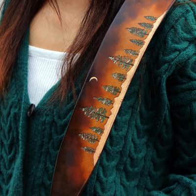 Burny Black Custom Guitar Strap - Pine trees Forest - Vegitable tanned leather For Acoustic or Electric Guitars made to order - oil image 1