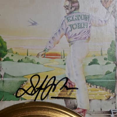 Elton John Signed “Goodbye Yellow Brick Road” Album Cover And Gold Plated Disc Montage 1973 image 3