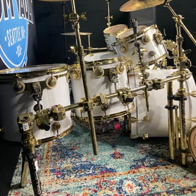 DW Zak Starkey's THE WHO, 8-Piece Tour Set with Rack and Matching Snare! 1988 - White/Gold Hardware image 9