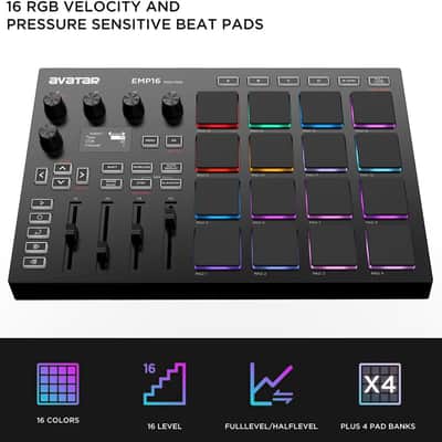 HXW Avatar EMP16 MIDI Pad Controller Beat Maker Machine With Bluetooth, 16 RGB Velocity Sensitive Beat Pads, 16 Level, Full/Half Level, OLED Display, MIDI In/Out image 4