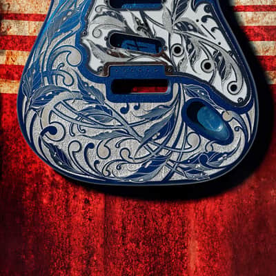 Custom Laser Engraved Blue Sparkle and White Fender Strat Guitar Body with White & Silver Mirror Pickguard & Tremolo Cover HSH, HSS, SSS Setup Available image 2