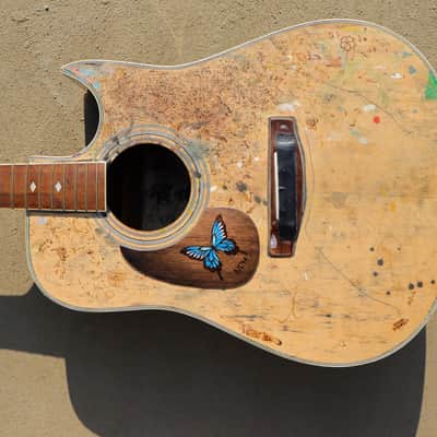 Burny Black left handed guitar pickguard - butterfly blue/walnut made to order - Urethane image 7