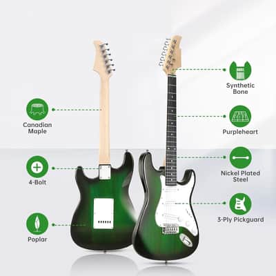 9”Inch Solid Full Size Electric Guitar Beginner Kit,Electric Guitar Starter Kit,S-S-S Pickups With 5W Amp,Strings, Pick, Tremolo Bar,Bag,Strip,Tuner.Cable,Green image 3