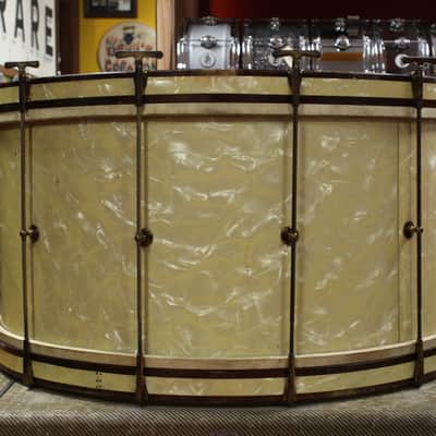 1930s Leedy 14x28 Spartan Bass Drum in White Marine Pearl w/ Knobby Gold Hardware image 5