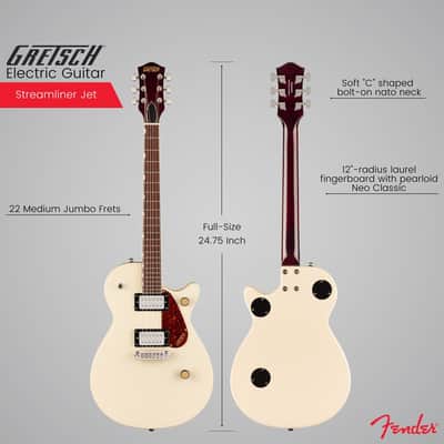 Gretsch Streamliner Jet Club Single-Cut 6-String Right-Handed Electric Guitar with Wraparound Tailpiece, Nato Body and Laurel Fingerboard (Vintage White) image 3