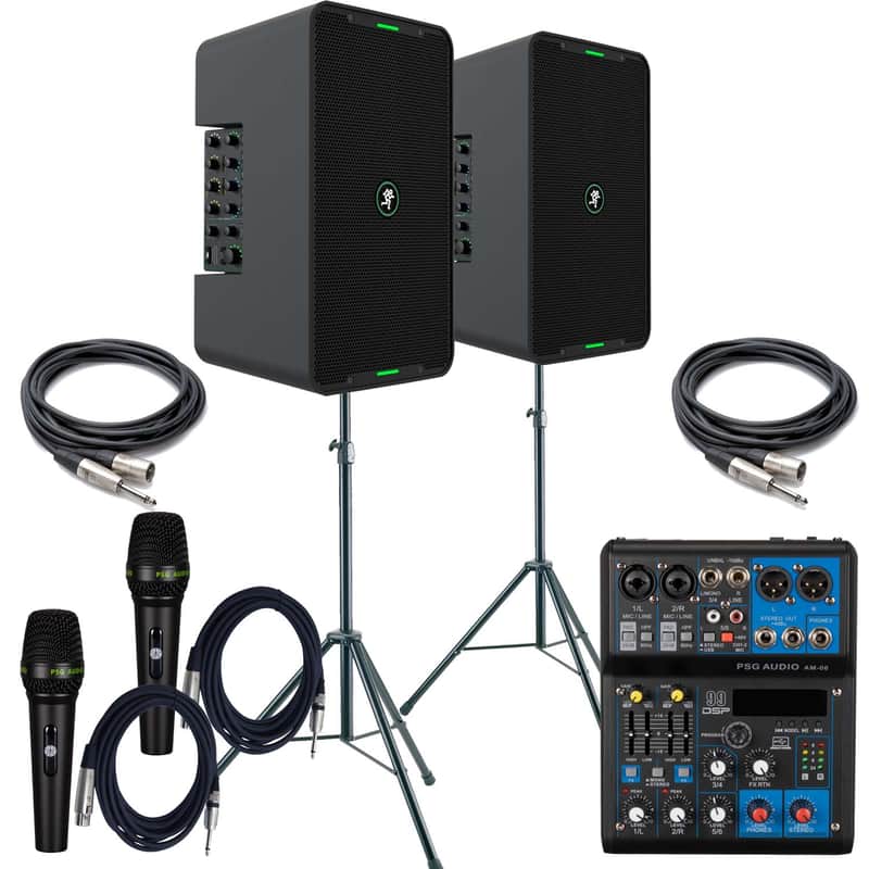 (2) Mackie ShowBox All-in-one Battery Speaker, PSG AUDIO AM-06, (2) PSG AUDIO C350, (2) Speaker Stands, (2) XLR to 1/4 Bundle image 1