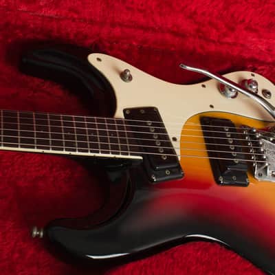 Mosrite Ventures Mark I Solid Body Electric Guitar (1966), ser. #4738, original brown leather covered hard shell case. image 13