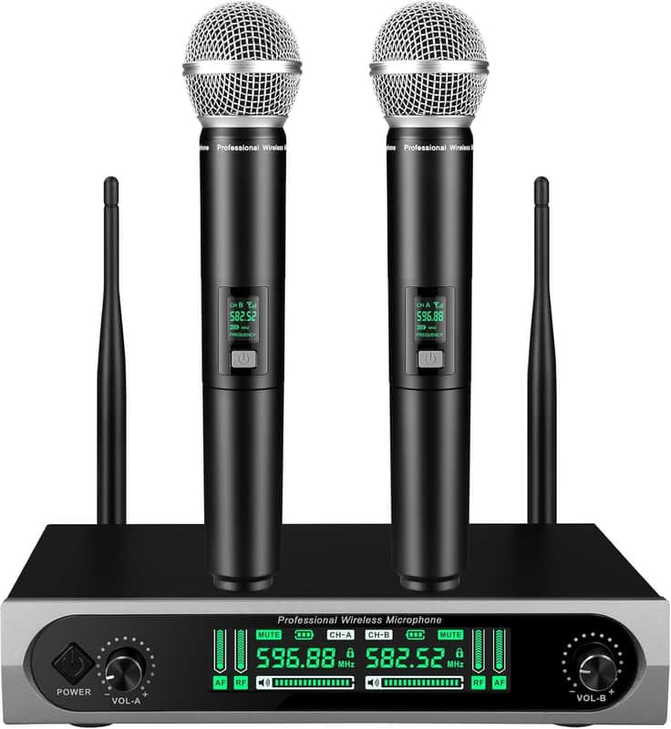 Wireless UHF Microphone System,W/2 Handhelds,Auto Scan,2x50 UHF Frequencies,200ft Range,Dynamic Microphone for Singing,Karaoke,Church image 1