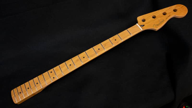 Fender Satin Roasted Maple Jazz Bass® Neck, 20 Jumbo Frets, 12", Maple, Flat Oval Shape image 1