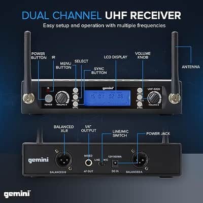 Gemini Sound Pro Dual Wireless Microphone System, Professional Handheld Long Range (150 Ft) Mic Set for DJ, Church, Karaoke, XLR Connector, 2 (UHF-6200M) Microfono image 4