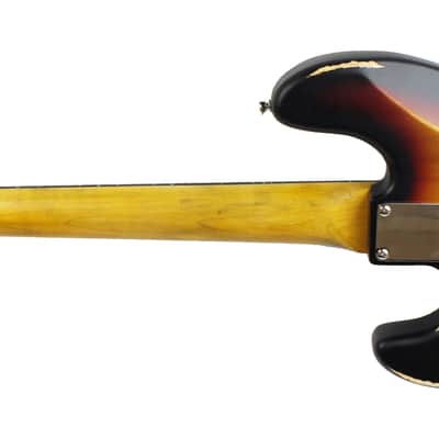 Vintage V74 Icon Fretless Bass Guitar in Distressed Sunset Sunburst w/Upgraded Pickguard image 7