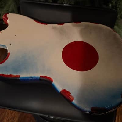 1965 Fender Mustang Vintage Original Japanese Flag Refin Over Olympic White Rising Sun Electric Guitar Body w/ Pickguard image 5