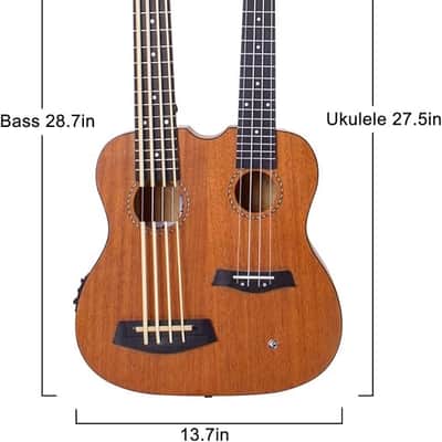 28 Inch Double Necks Ukelele Custom-made Headstock Full Mahogany 4 Strings Uke & 4 String Bass with Gig Bag image 2
