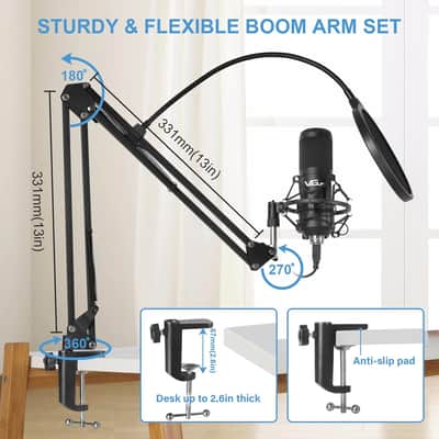 USB Microphone Kit, 192kHz/24Bit Streaming Podcast PC Condenser Computer Mic Set for Gaming, YouTube Video, Recording Music, Voice Over, Studio Mic with Adjustable Arm Stand image 6