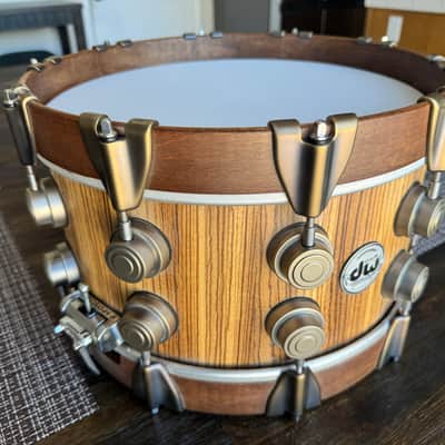 7”x14” Custom Creation Snare Drum - Solid Exotic Zebra Wood Shell - DW Timeless Timber Hardware image 9