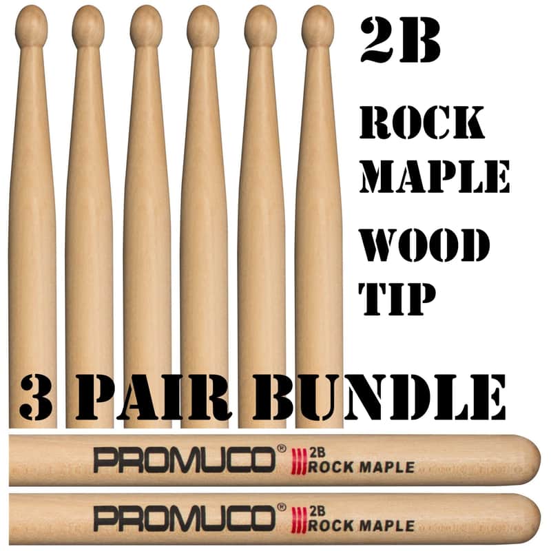 Promuco Rock Maple Drumsticks Bundle 3 Pairs 2B Wood Tip image 1