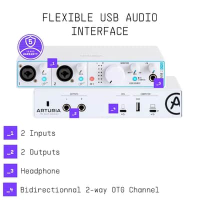 Arturia - MiniFuse 2 OTG - Audio & MIDI Interface with Creative Software for Recording, Production, Podcasting, Guitar, USBC/USBA - White image 3