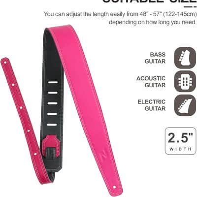 Guitar Strap, 2.5" Wide Lychee Grain Leather Guitar Straps with Foam Padding and Cable Storage Loop, for Kids, Men and Women, for Acoustic, Bass and Electric Guitars-Rose Red image 3