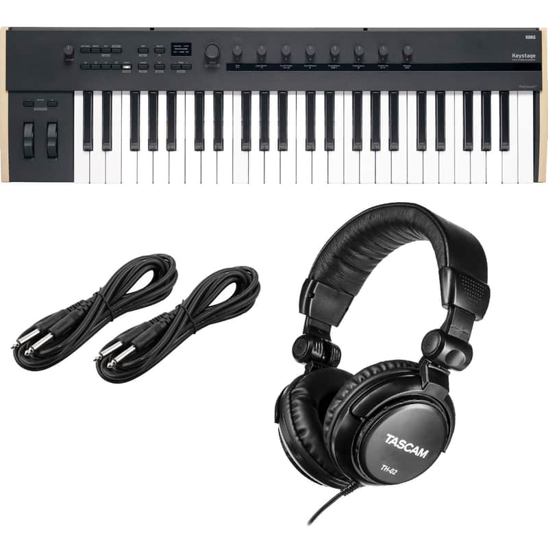 Korg Keystage 49-key MIDI Keyboard Controller, Tascam TH02, (2) 1/4 Cables Bundle image 1
