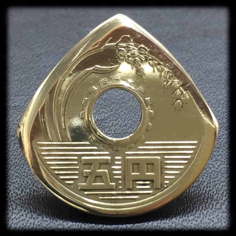 Handcrafted Plectrum.....5 yen Brass Coin Guitar Pick. image 1