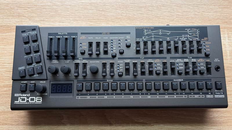 Black Roland JD-8 synthesizer keyboard with numerous knobs and buttons.