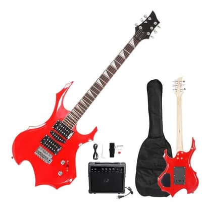 Flame Shaped Red Burning Fire Basswood Electric Guitar with Bag & 20W Amp image 1
