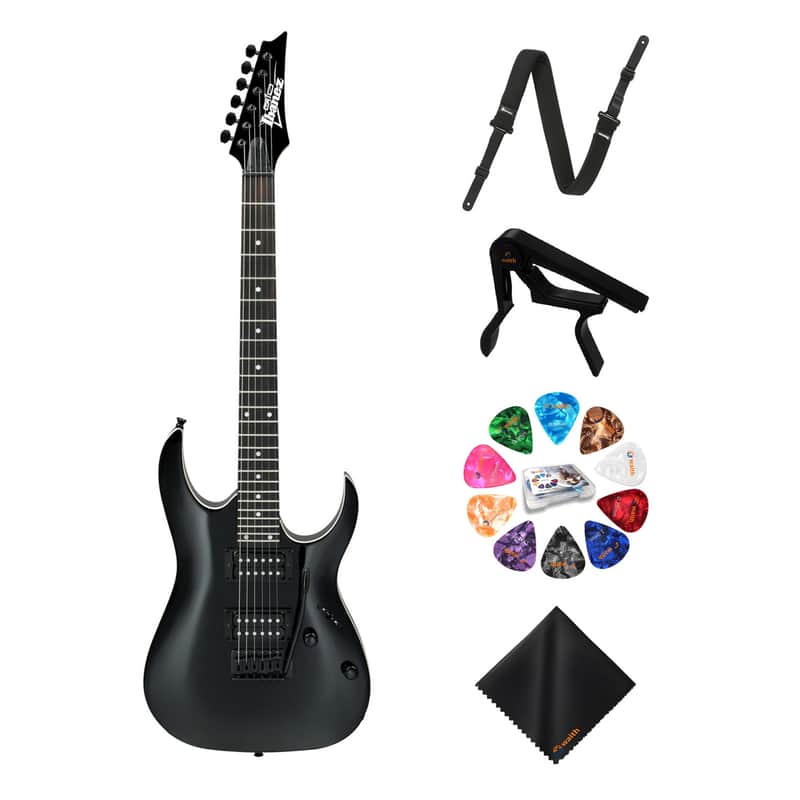 Ibanez 6-String Solid-Body Electric Black Night Guitar, Right Handed Bass Bundle image 1