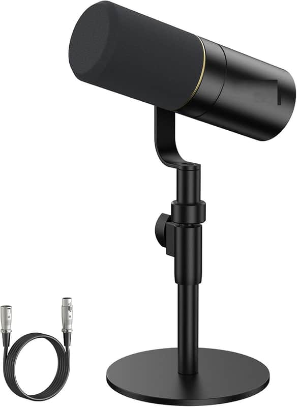 Dynamic Podcast Microphone, XLR Mic for Recording, Streaming, XLR Cardioid Mic with Quick Mute, Volume Control, 200 cm/78inch Cable, with Desktop Stand, Audio Interface Needed, Black image 1