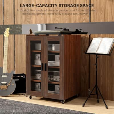 5-Tier Stereo Rack Media Cabinet w/ Glass Door, Adjustable Shelves, Cable Management & Wheels image 3