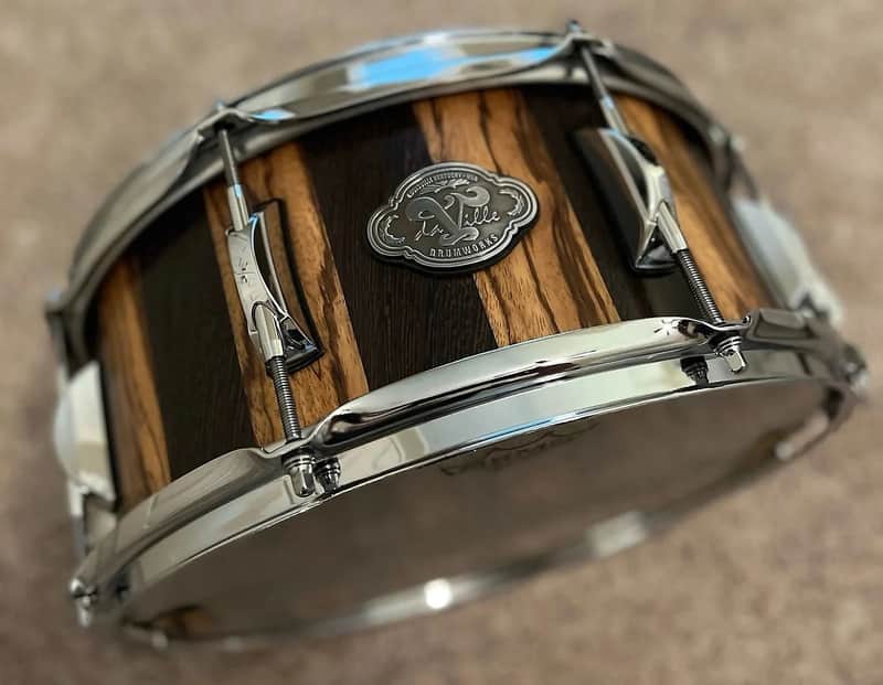 Like-New Daville (Doc Sweeney) Zebrawood/Wenge 14x6 stave snare, satin oil, Canopus wires, extra head, new extra wires image 1