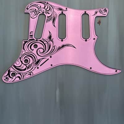 Pink Fender Strat Guitar Body Custom Laser Engraved Lavender Mirror Pickguard with Tremolo Cover HSH, HSS, SSS Setup Available image 8