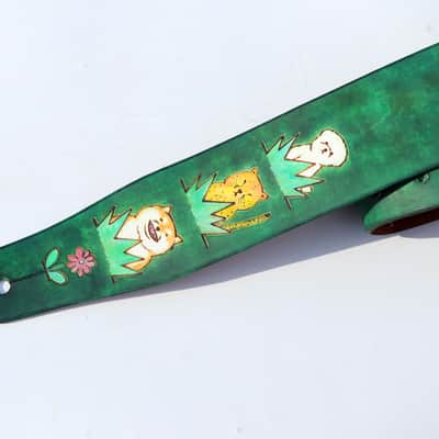burnyblack custom made guitar strap - animals in forest leather/green image 17