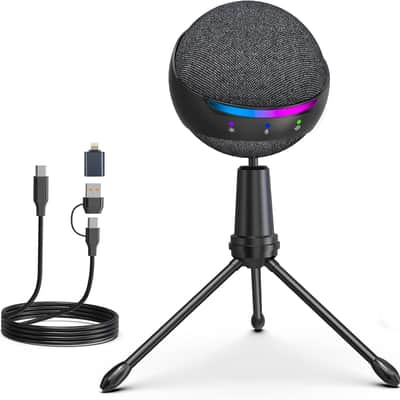 Podcast USB Microphone for PC/Mac/iPhone, Cardioid Condenser Mic with Noise Reduction, Tap-to-Mute, RGB Lighting, Zero Latency Monitoring, Volume Control for Gaming, Recording, YouTube image 1