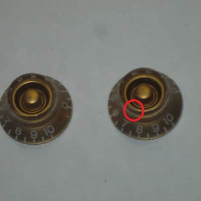 TWO very lightly used genuine Gibson Gold TOP HAT Knobs (ONLY 2 of the 4 knobs from PRHK-020 set are for sale) TOP Edge of ONE OF THE KNOBS has two very short very light nick image 8
