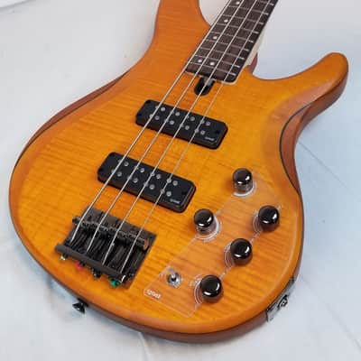 Yamaha TRBX604FM Flame Top 4 String Electric Bass, 3-Band Active EQ , Matte Amber image 5