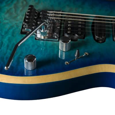 Bootlegger Guitar Royal HHH, Floyd Rose Double Locking Tremolo Blue Clear Quilted Maple finish, Stiletto Hard Case image 6