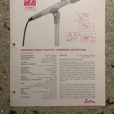 Vintage 1970s Kustom Electro Voice 1711 Omnidirectional Electret Condenser Microphone Spec Sheet! image 1
