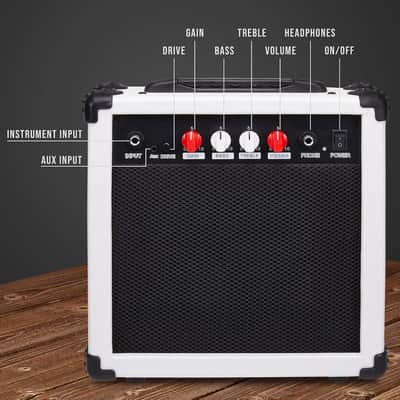 Electric Guitar Amp 20 Watt Amplifier Built in Speaker Headphone Jack and Aux Input Includes Gain Bass Treble Volume and Grind - White image 3